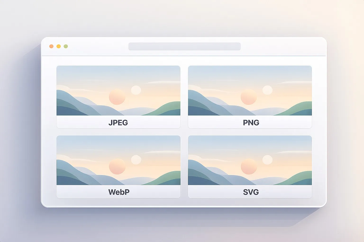 A minimal browser window illustration showing an image divided into four labeled formats — JPEG, PNG, WebP, and SVG.