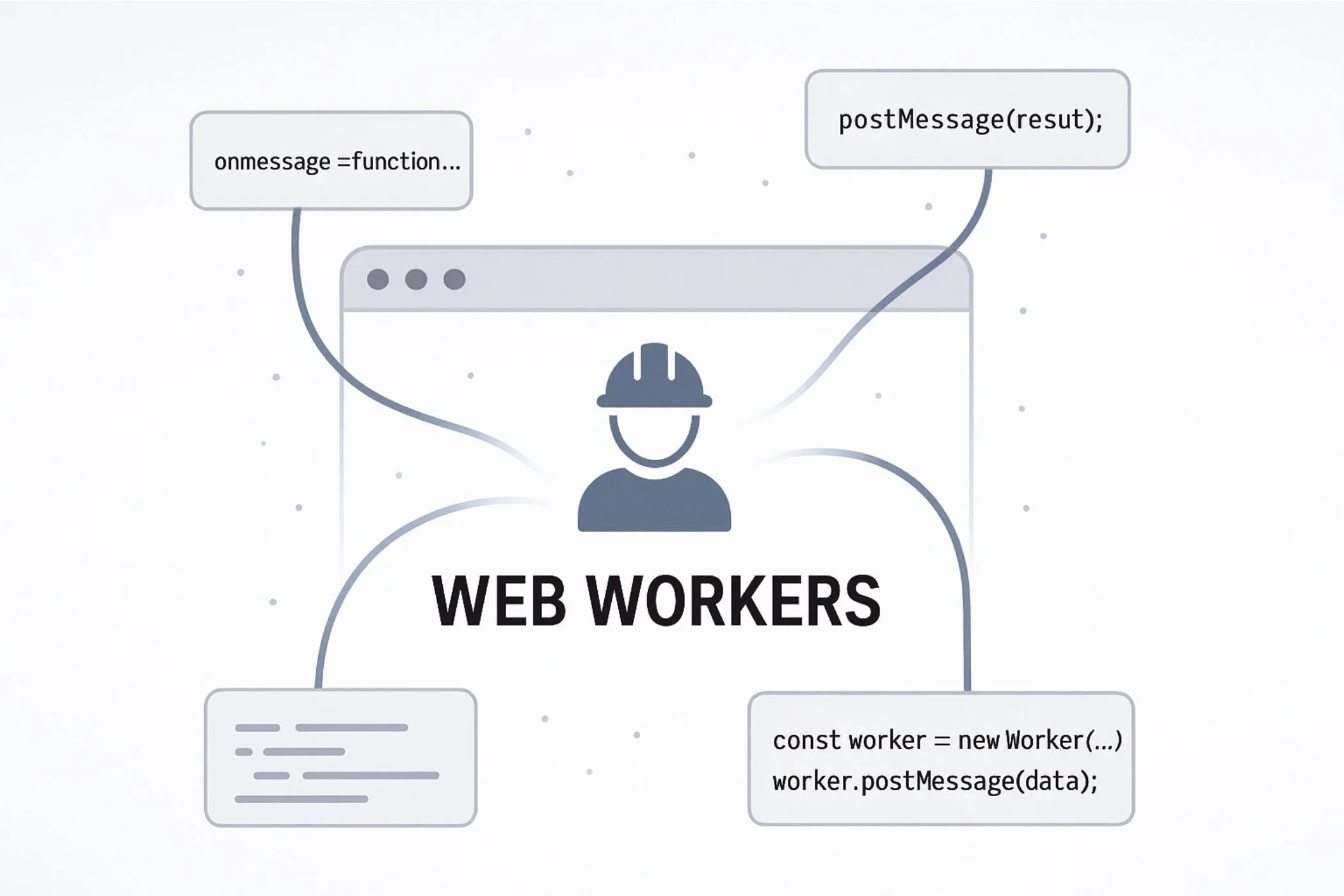 Illustration of Web Workers in a browser window with glowing blue lines connecting JavaScript code snippets labeled postMessage(), onmessage, and Worker()